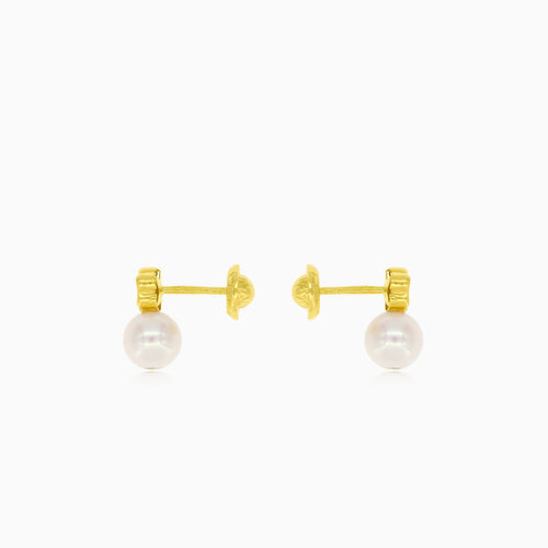 Gold flower with cubic zirconia and pearl baby drop earrings
