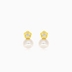 Gold flower with cubic zirconia and pearl baby drop earrings