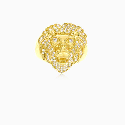 Roaring lion head cubic zirconia gold ring