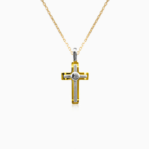 Gold cross pendant with white gold accents