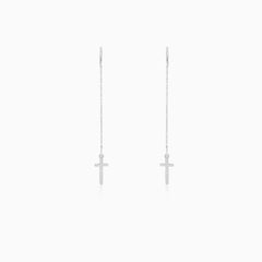 Boucles d’oreilles chaîne avec croix en or blanc