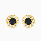 Black onyx halo cubic zirconia yellow gold stud earrings
