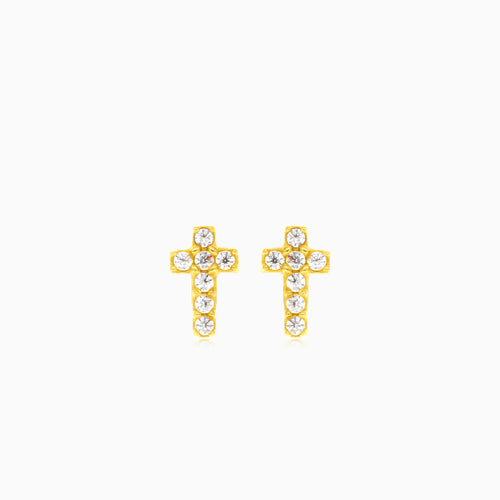 Yellow gold cubic zirconia cross stud earring