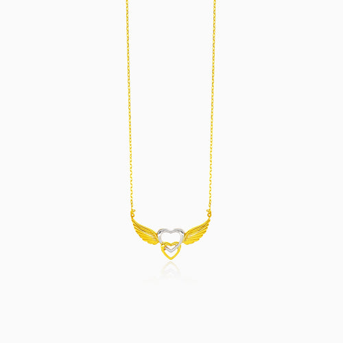 Gold necklace with angel wings and two-tone hearts