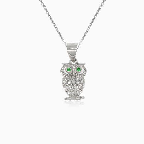 Silver pendant owl with cubic zirconia and synthetic emerald