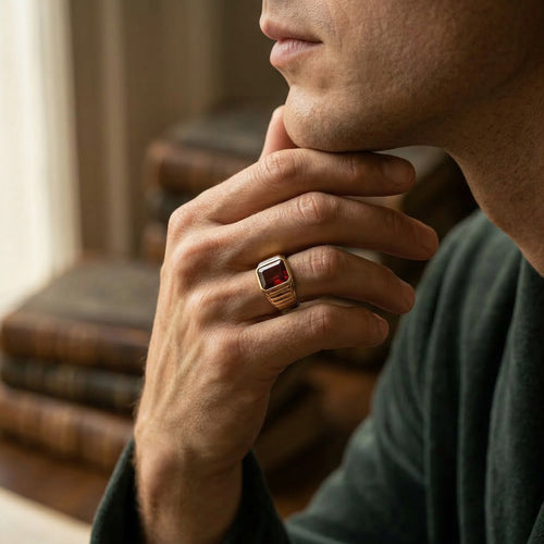 Elegant male princess cut garnet ring