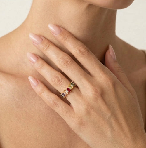 Yellow gold multi color gemstone ring