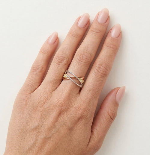 Radiant tri-gold cubic zirconia ring